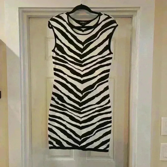 Express Stretch Zebra Animal Print Knit Dress Black Womens Size Medium - Picture 2 of 8